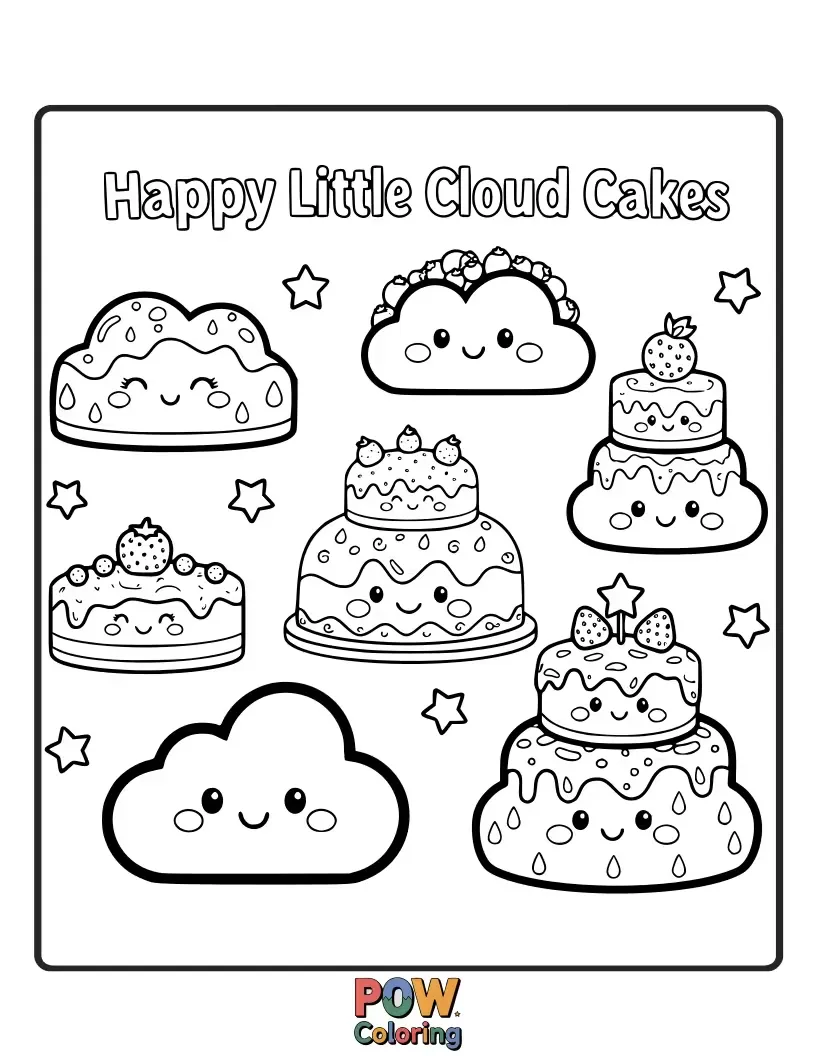Free coloring page of Gentle, smiling cloud cakes that bring a sense of peace and sweet tranquility.