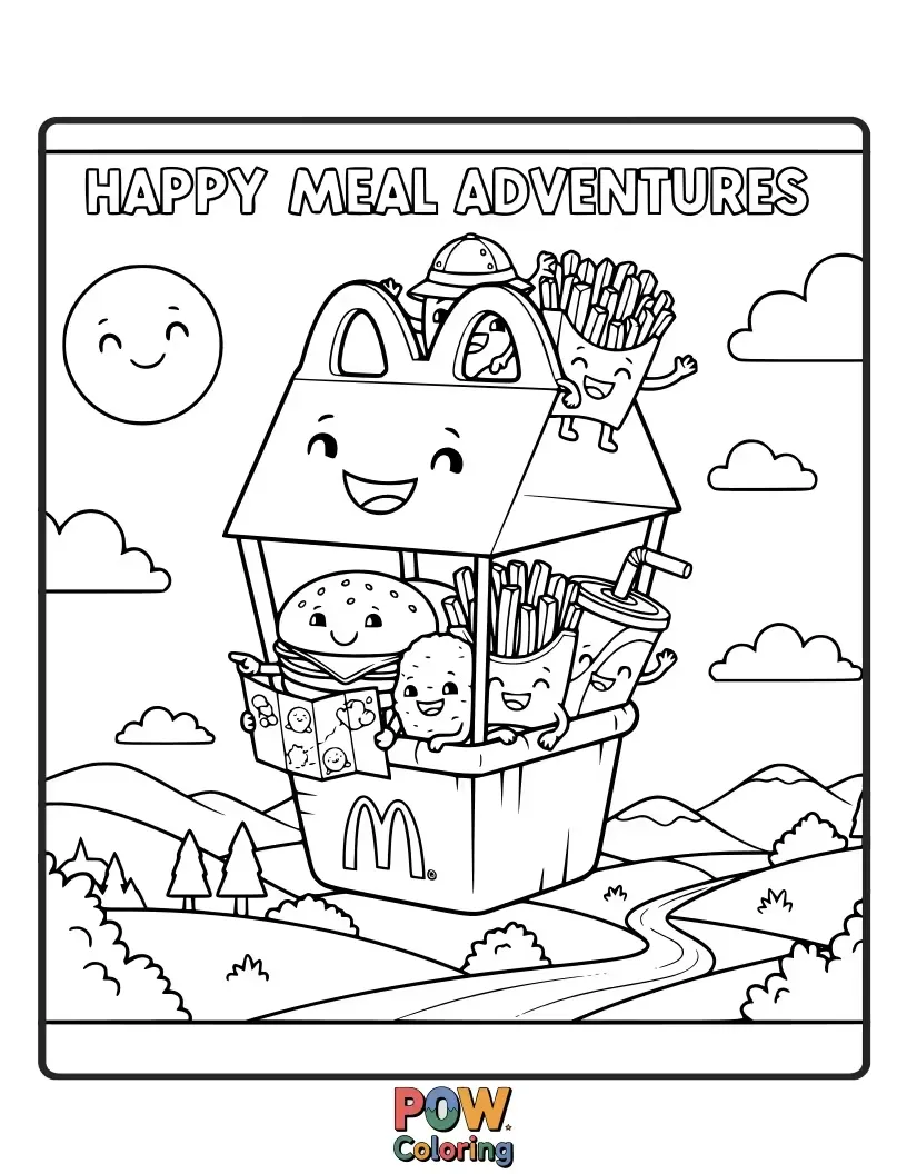 Free coloring page of A happy meal box with smiling eyes and legs, holding a toy and a french fry.