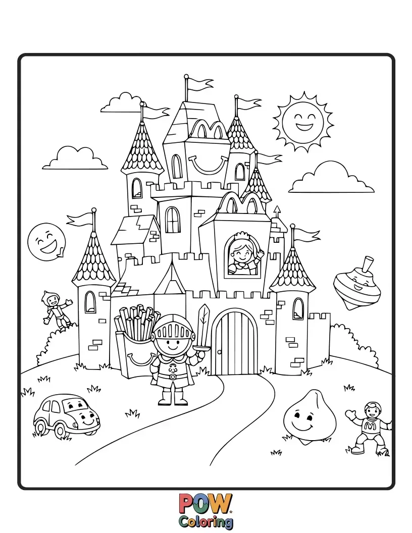 Free coloring page of A castle made of Happy Meal boxes with knights battling a friendly ketchup monster.
