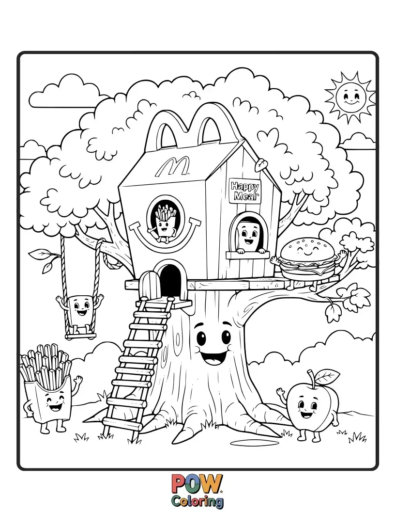 Free coloring page of A treehouse made of McDonald's toys and boxes with kids playing inside.