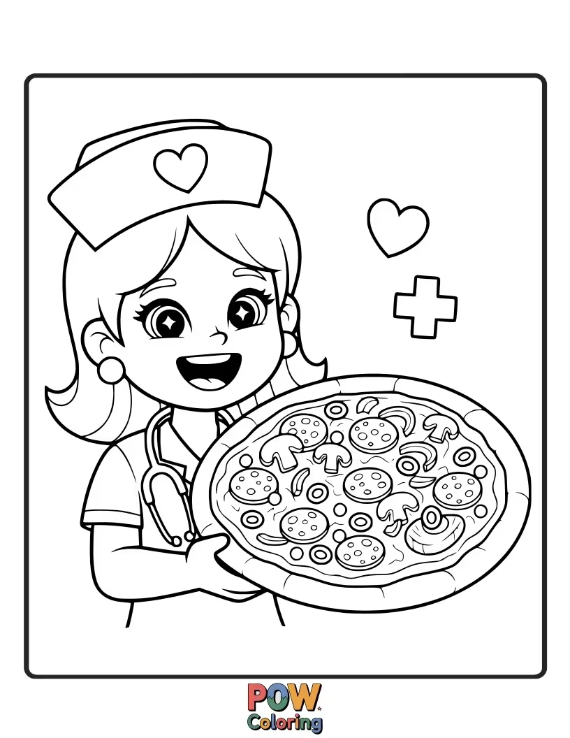 Free coloring page of A cheerful nurse with a pizza slice bandage, spreading smiles and delicious comfort food for speedy recovery.