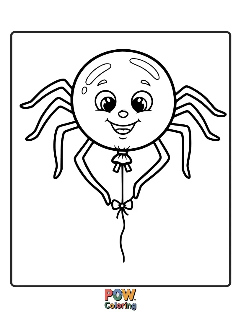 Free coloring page of A joyous spider holding onto a large, helium-filled balloon. Perfect for bright, uplifting, and airy coloring.