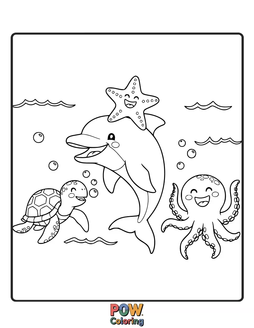 Free coloring page of A group of adorable cartoon animals gleefully splashing and playing together in a vibrant blue pool, celebrating friendship.