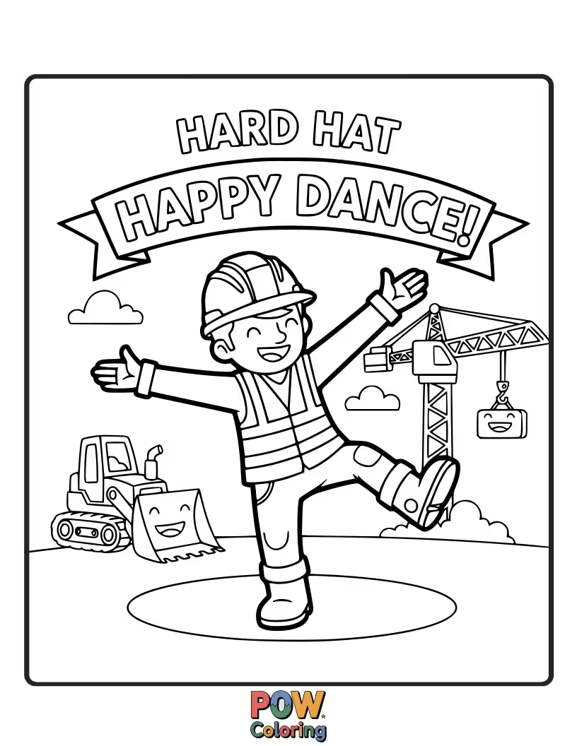 Free coloring page of Several colorful hard hats dancing with happy expressions on a construction site.