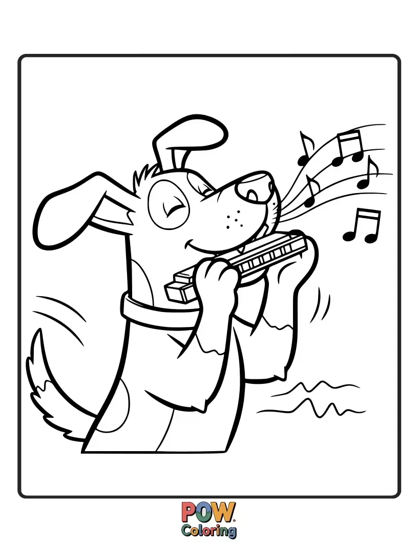 Free coloring page of A floppy-eared dog joyfully playing a harmonica with its tail wagging. Cheerful, funny, and full of soulful sound.