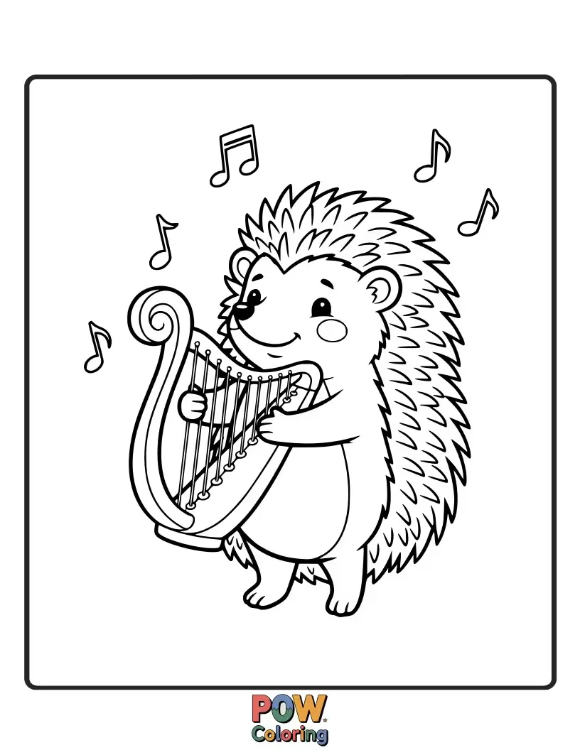 Free coloring page of A shy hedgehog gently playing a miniature harp, surrounded by tiny flowers. Sweet, unique, and delightfully delicate.