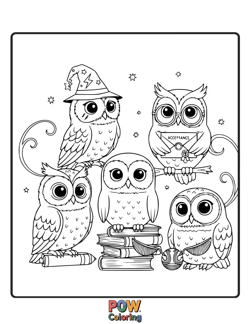 Free coloring page of A fluffy barn owl perched on a stack of spellbooks, a tiny witch hat askew on its head, with scattered parchment.
