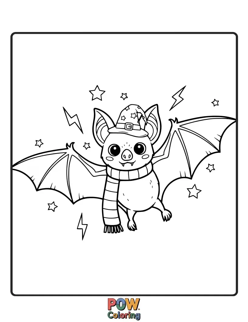 Free coloring page of A cute, fluffy bat with big, innocent eyes, wearing a tiny wizard hat and holding a glowing firefly.