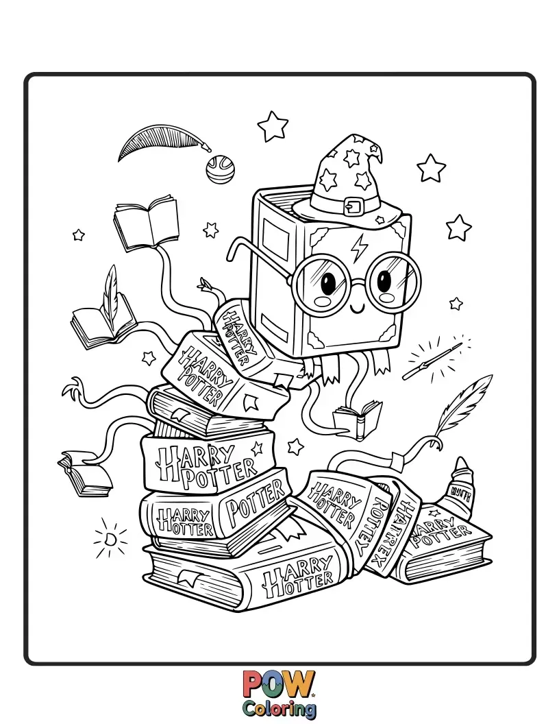 Free coloring page of A cute, tiny creature made of books, with spectacles perched on its nose, reading a very large scroll.