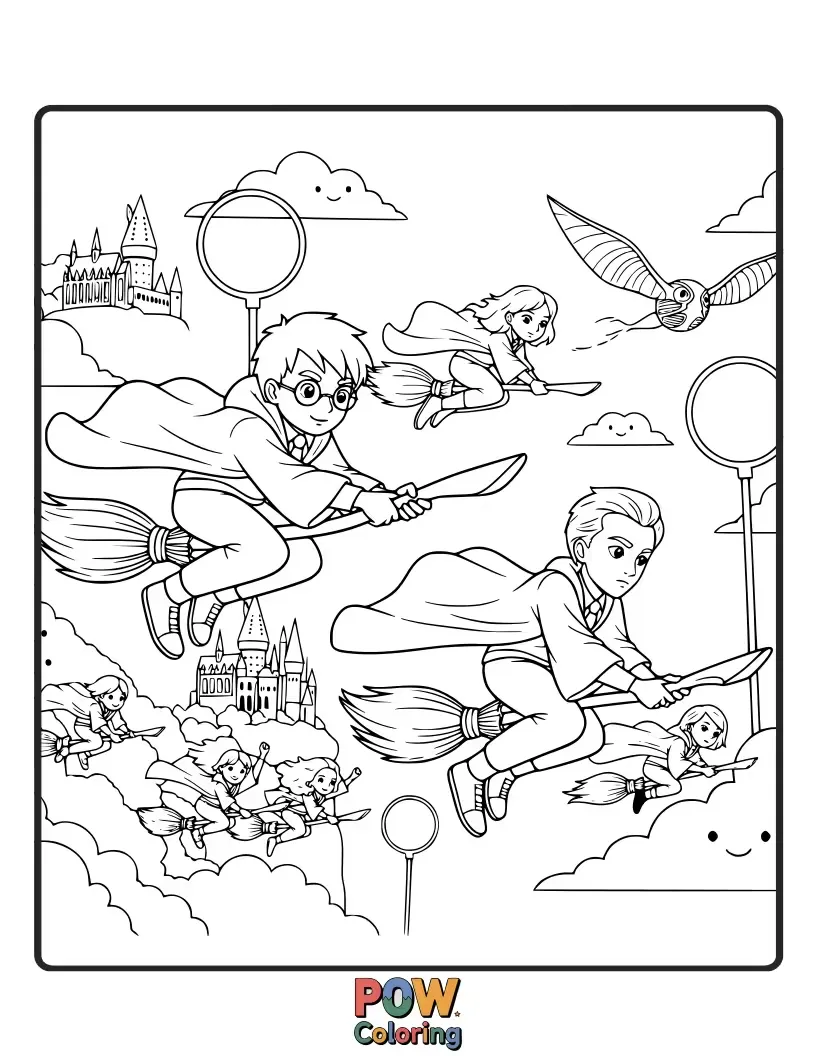 Free coloring page of A whimsical broom race with players cheering, brooms sparkling, and a mischievous squirrel cheering from a tree branch.
