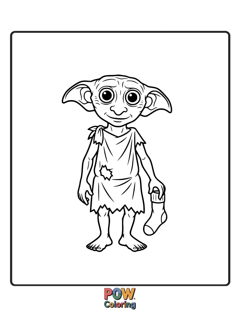 Free coloring page of A tiny, smiling Dobby wearing mismatched socks and a colorful quilt, holding a bright red apple contentedly.