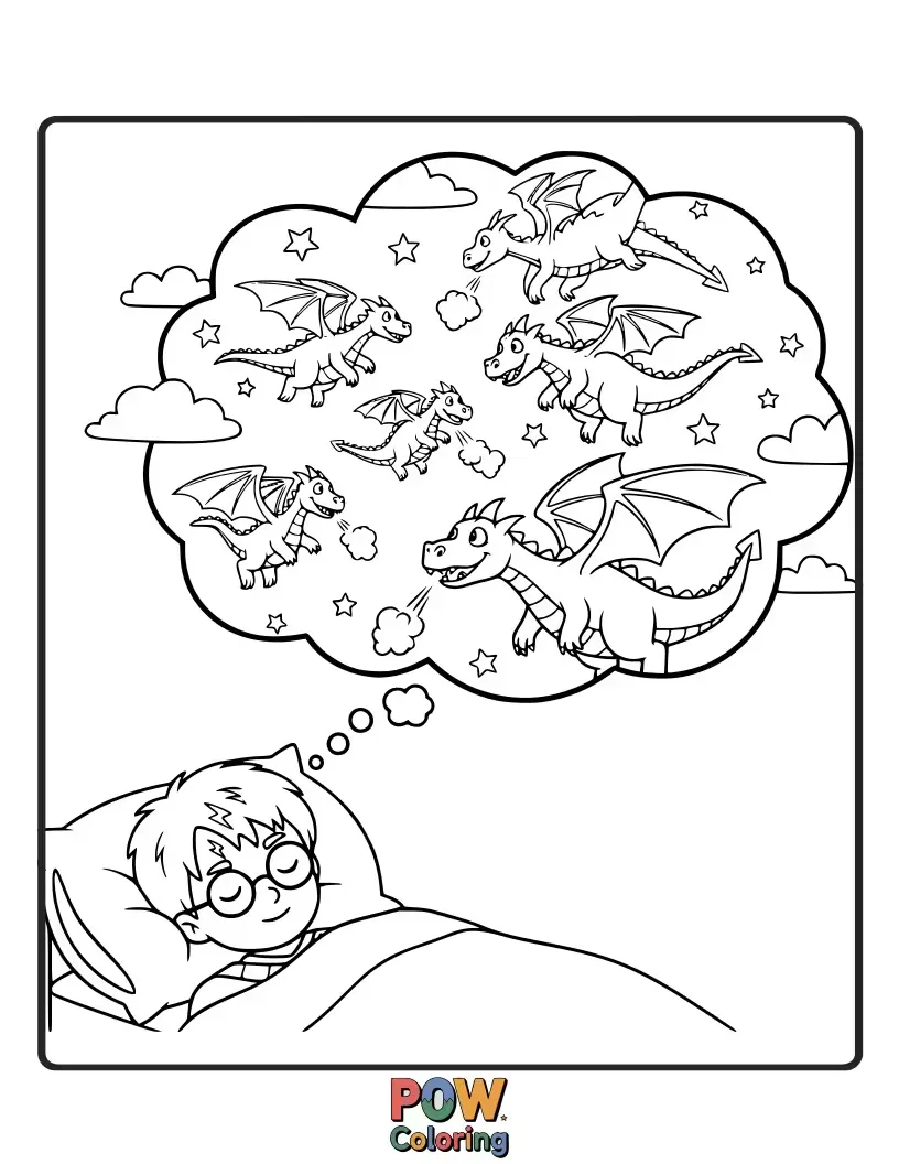 Free coloring page of A small, sleeping dragon with colorful scales, curled up on a pile of treasure, exhaling tiny puffs of smoke.