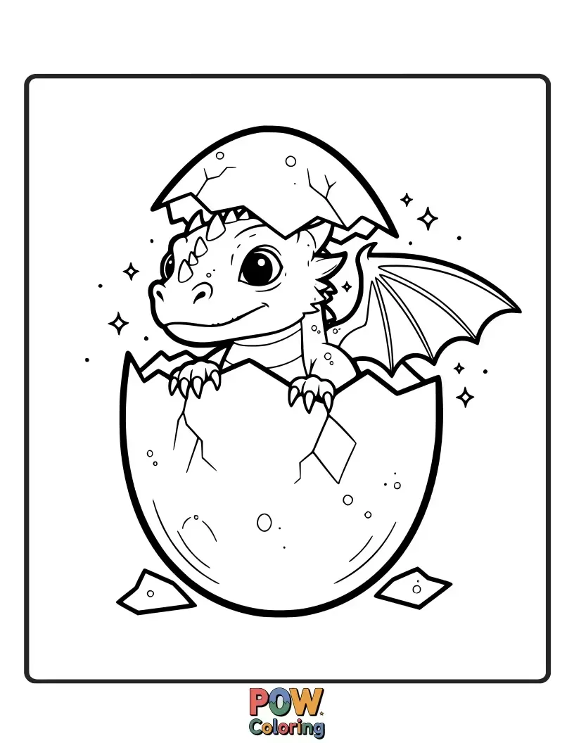 Free coloring page of An adorable, tiny dragon hatchling with wide, curious eyes, hatching from a beautifully patterned egg.