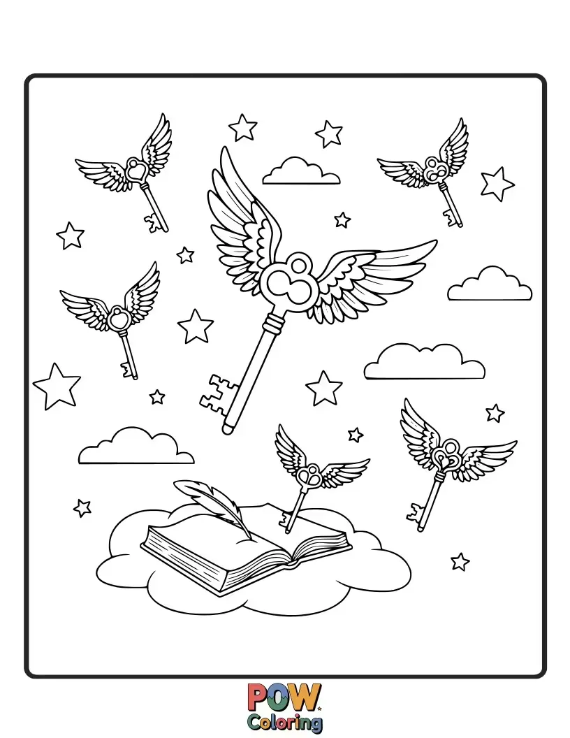 Free coloring page of A whimsical scene of winged keys with tiny faces, fluttering around a large, ornate door in a starry sky.