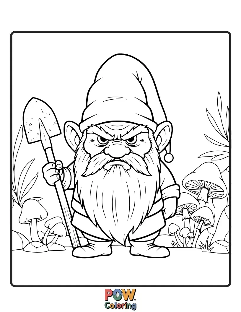 Free coloring page of A tiny, grumpy gnome wearing a pointy hat and muddy boots, guarding a patch of glowing magical mushrooms.