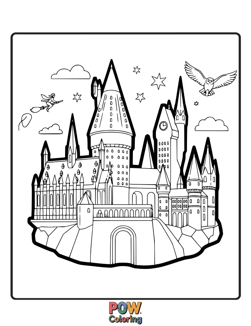 Free coloring page of A beautiful, detailed outline of Hogwarts castle bathed in moonlight, with friendly ghosts peeking from windows and an owl in a turret.