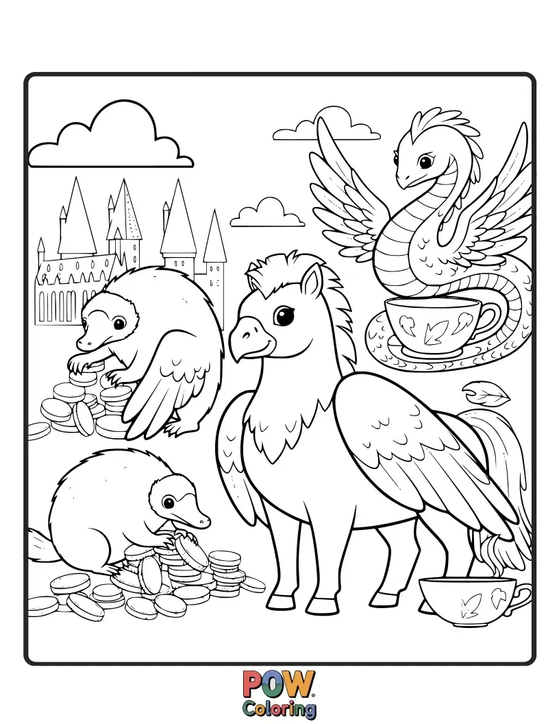 Free coloring page of A mischievous Niffler gleefully hoarding shiny buttons and coins, surrounded by sparkling gems and a tiny golden snitch.
