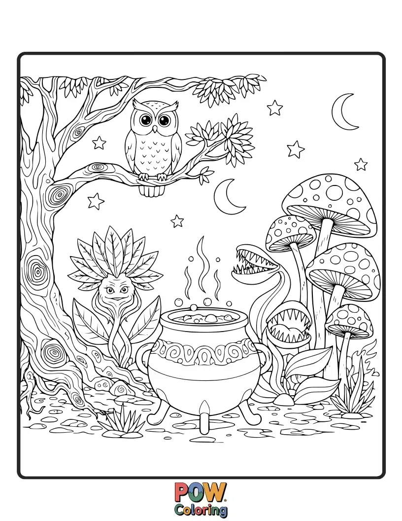 Free coloring page of A whimsical garden filled with oversized, colorful Mandrakes with silly faces, surrounded by sparkling dewdrop flowers.