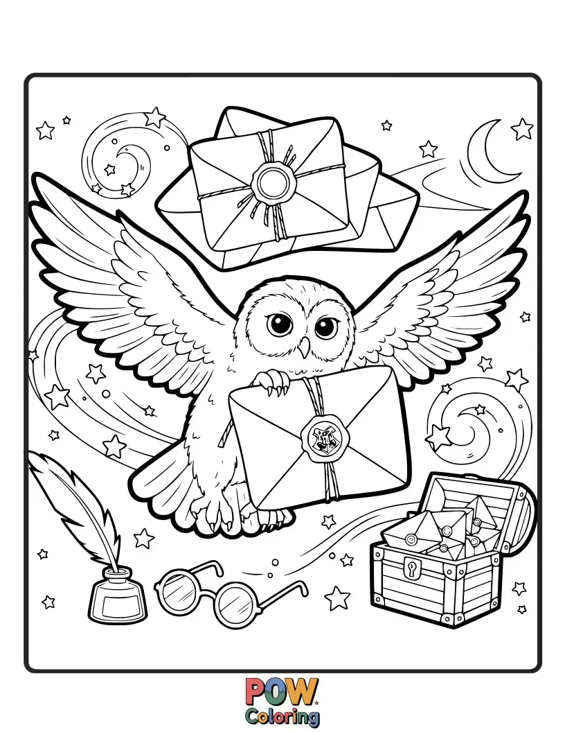 Free coloring page of A happy owl carrying a stack of colorful, enchanted letters with wax seals, soaring towards a castle silhouette.