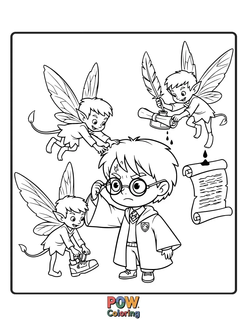 Free coloring page of A playful swarm of tiny, winged pixies painting funny faces on sleeping Mandrakes and stealing wizard hats.