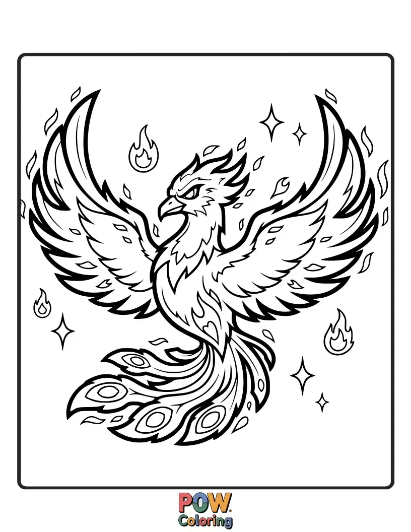 Free coloring page of A majestic phoenix with vibrant, fiery feathers, rising from ashes with a hopeful expression and glowing eyes.