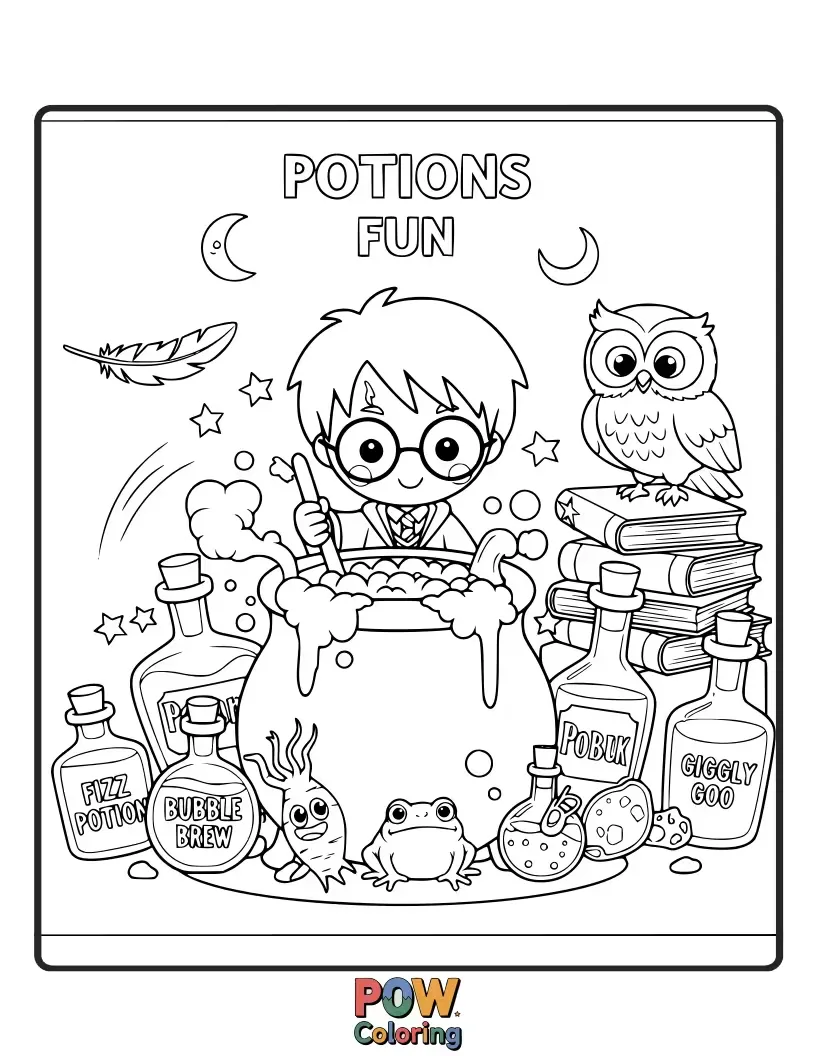 Free coloring page of Bubbling cauldrons with funny faces, overflowing with brightly colored potions and floating whimsical ingredients like eyeballs and feathers.