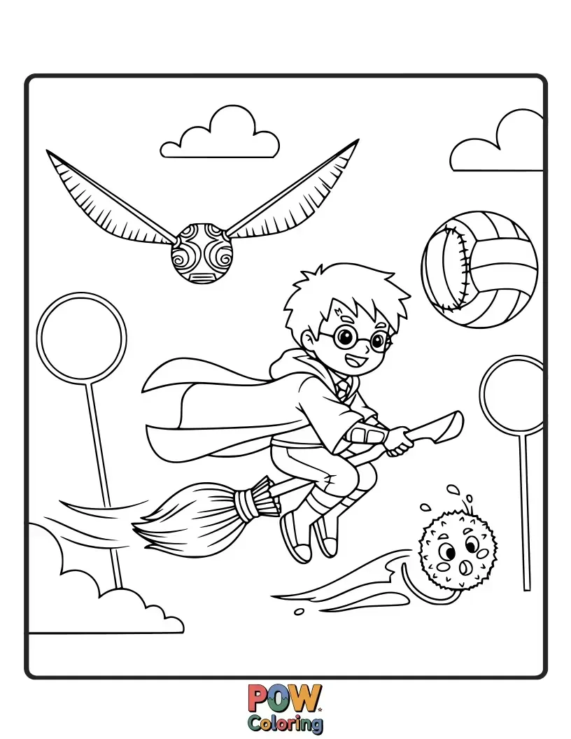 Free coloring page of A humorous scene of players falling off brooms, while the Snitch gleefully dodges their comical attempts to catch it.