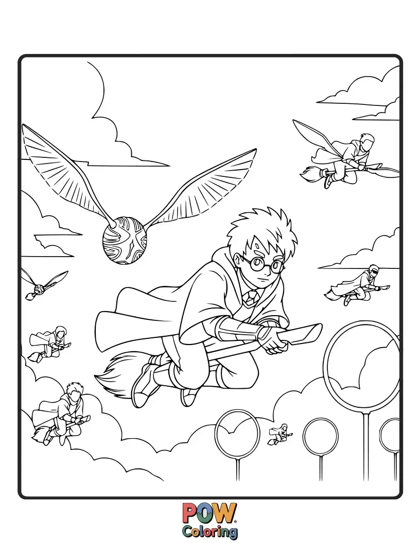 Free coloring page of A determined Golden Snitch with a tiny, cheeky grin, being chased by a swarm of happy, fluttering pixies.