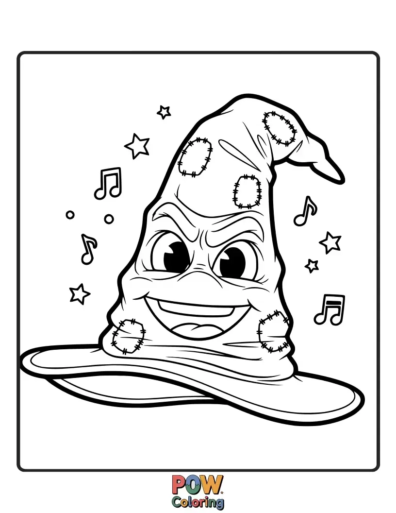 Free coloring page of A friendly Sorting Hat with big, curious eyes, about to place a tiny, surprised owl onto a student's head.