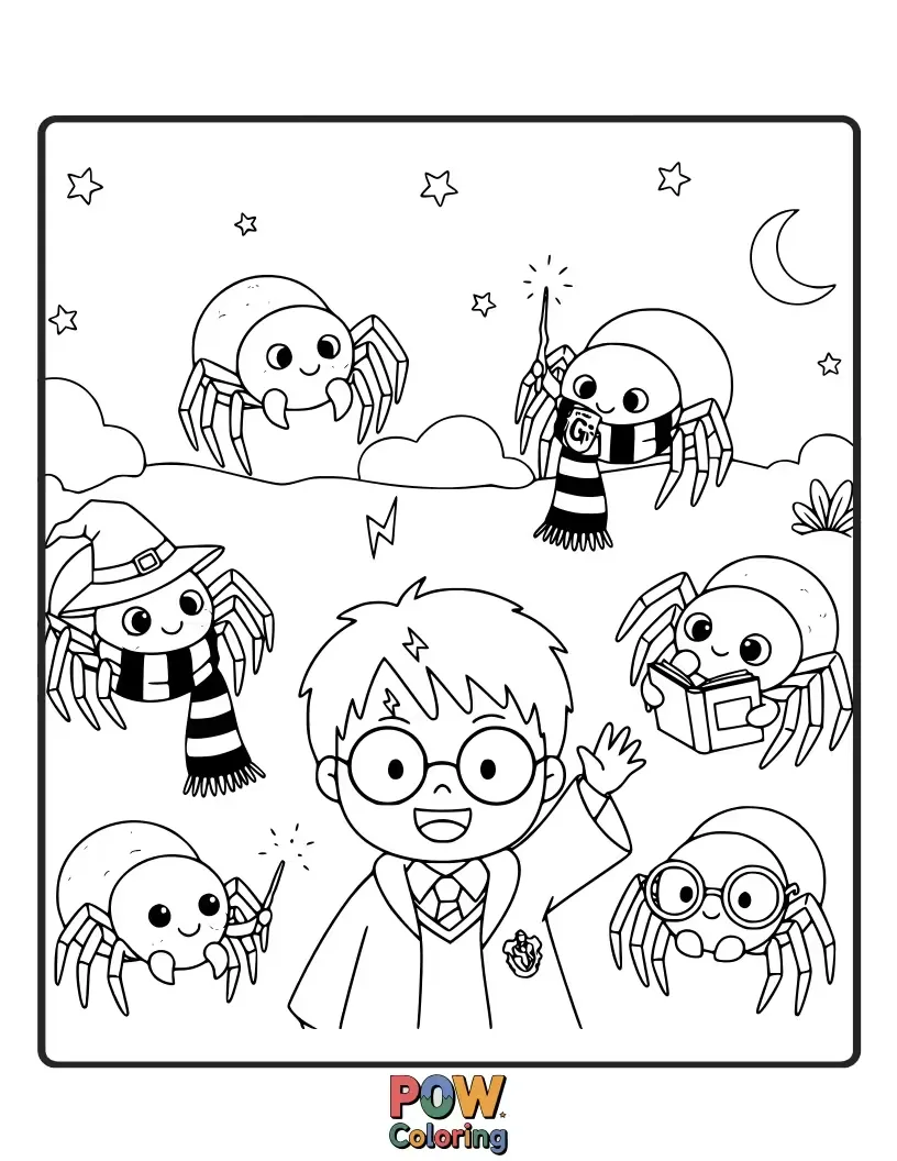 Free coloring page of A friendly, fluffy Aragog with big, kind eyes, sharing a cup of tea with smaller, smiling spiders in a cozy web.