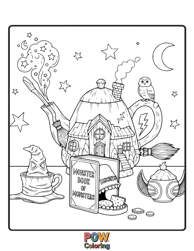 Free coloring page of A charming teapot with a smiley face, pouring steaming, colorful liquid into tiny, delicate teacups with magical patterns.