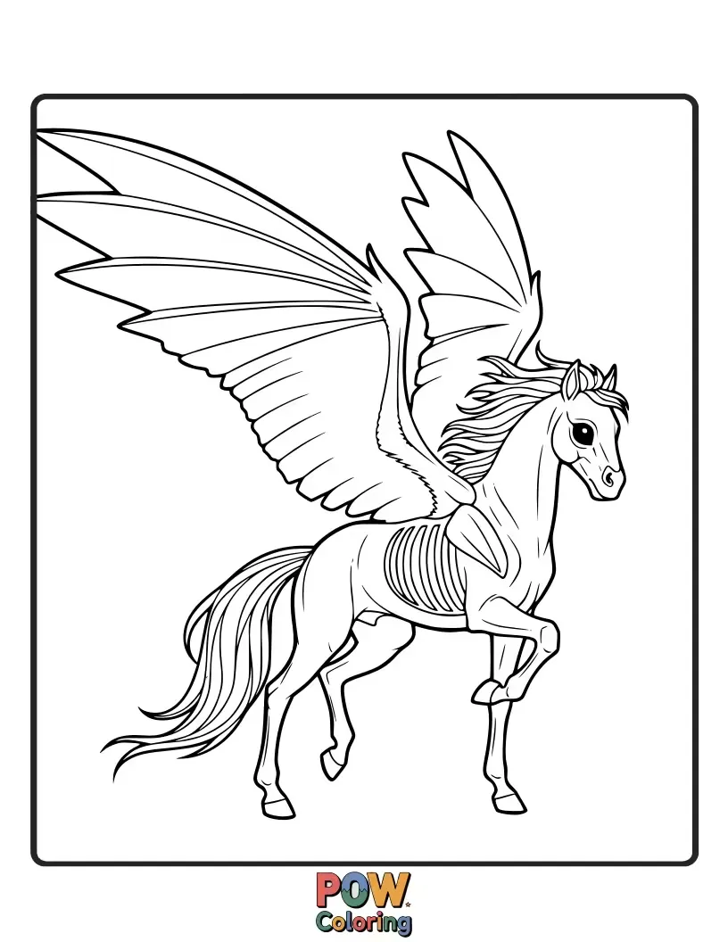 Free coloring page of An elegant, skeletal Thestral with shimmering wings, gently soaring through a starry night sky above a tranquil forest.
