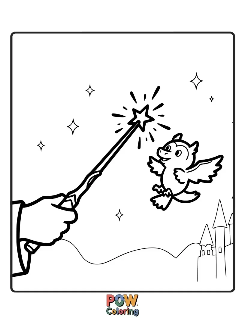 Free coloring page of A playful collection of wands sparking with colorful, whimsical spells like stars, swirls, and tiny dancing teacups.