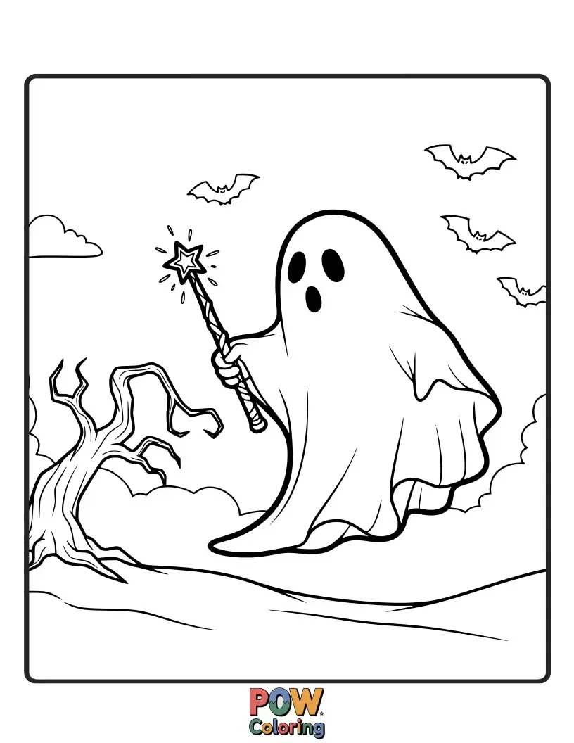 Free coloring page of A cheerful, translucent ghost wearing a bow tie, happily floating through a wall adorned with magical portraits.