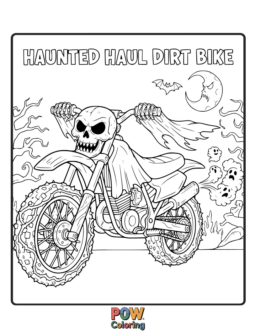 Free coloring page of A spooky dirt bike decorated with cobwebs and pumpkins, riding through a moonlit graveyard.
