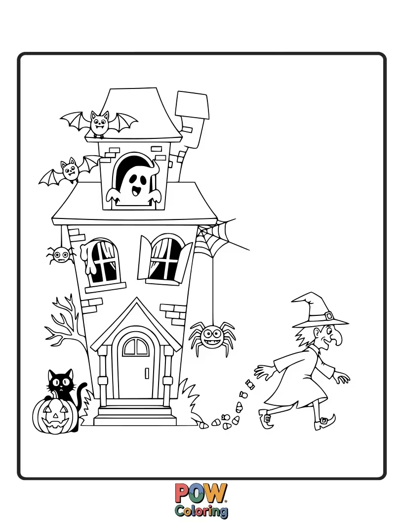 Free coloring page of The ghosts inside a spooky house are having a playful pillow fight with ectoplasm.