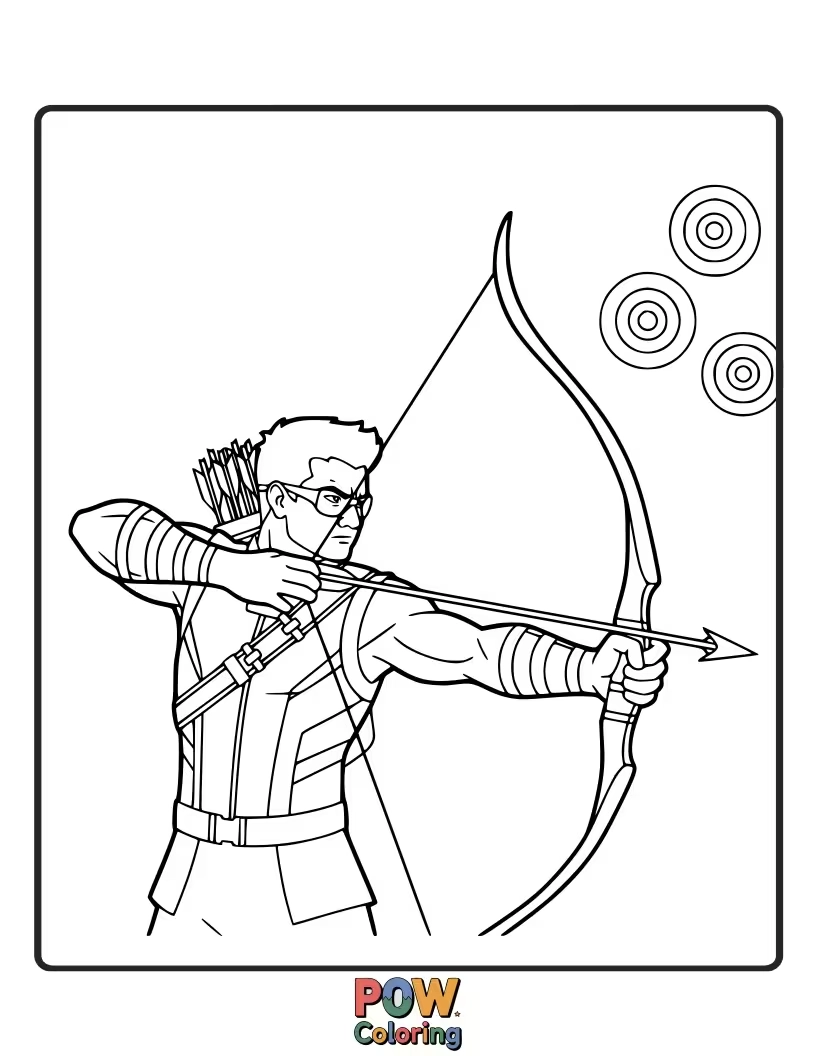 Free coloring page of Depict Hawkeye with his bow drawn, targeting an unseen threat. Focus on his keen eye.