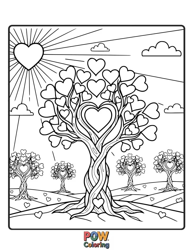 Free coloring page of Trees with leaves shaped like perfect little hearts, spreading love and cheer with every rustle.