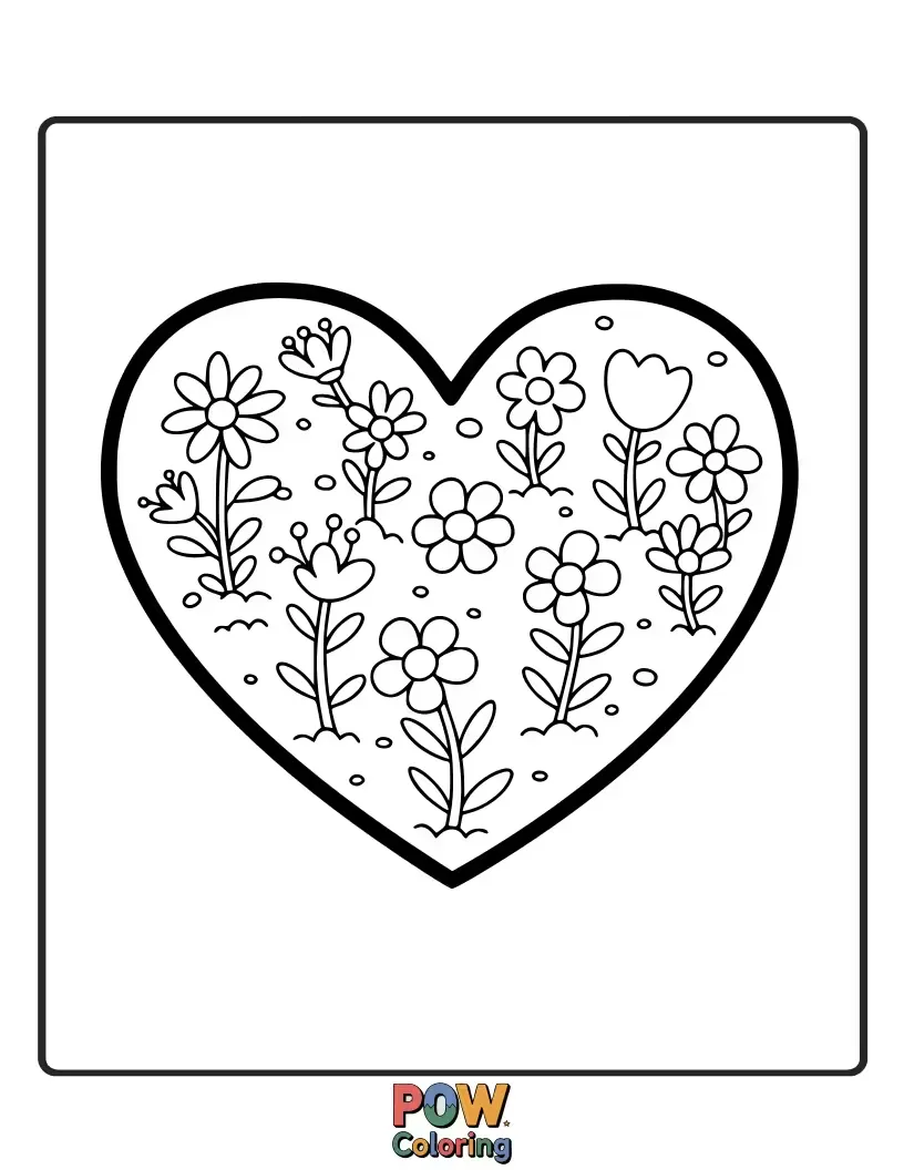 Free coloring page of Adorable flowerbeds shaped like hearts add a touch of love and sweetness to these charming floral scenes.