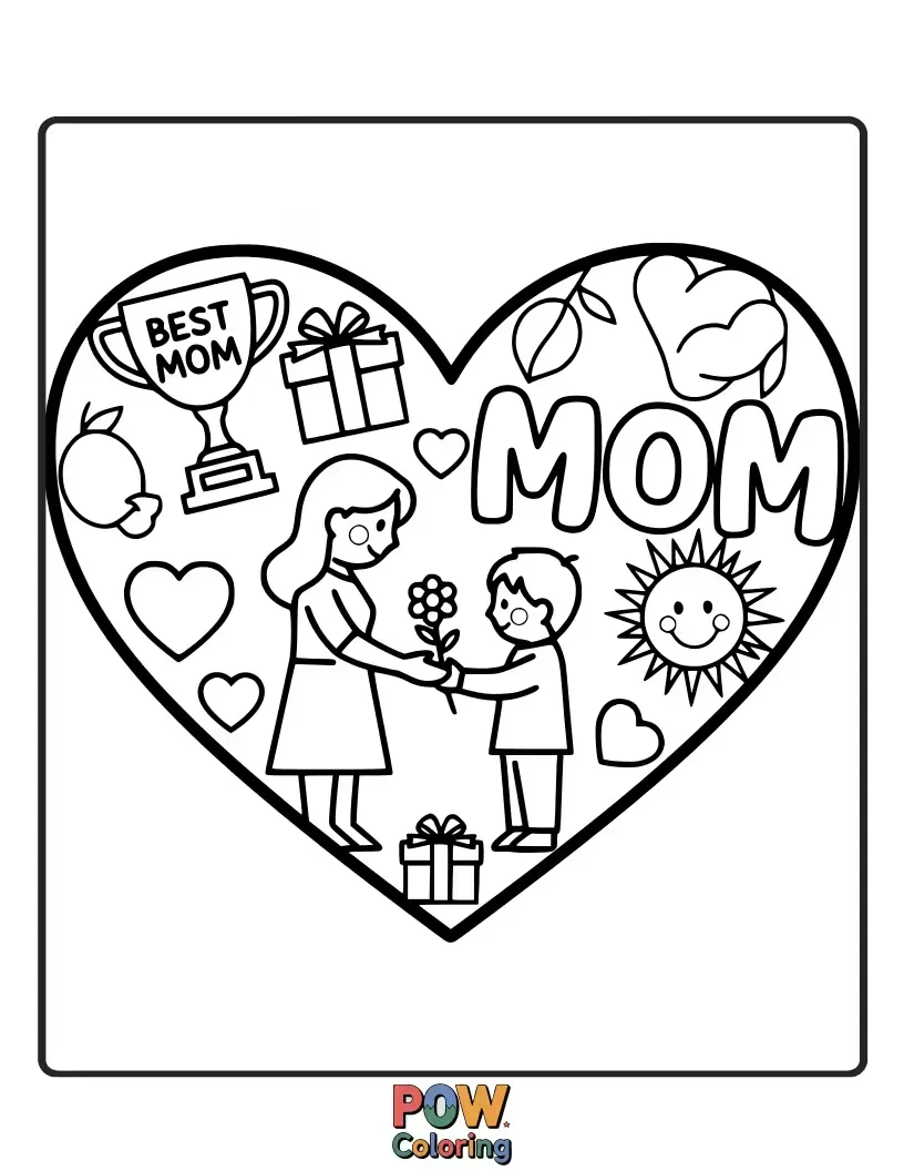 Free coloring page of A large, intricate heart filled with smaller hearts, flowers, and playful patterns. A deeply affectionate design.