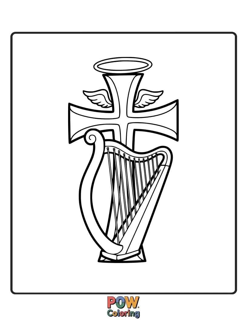 Free coloring page of A majestic cross featuring a beautiful harp, evoking a sense of divine music and celestial peace.