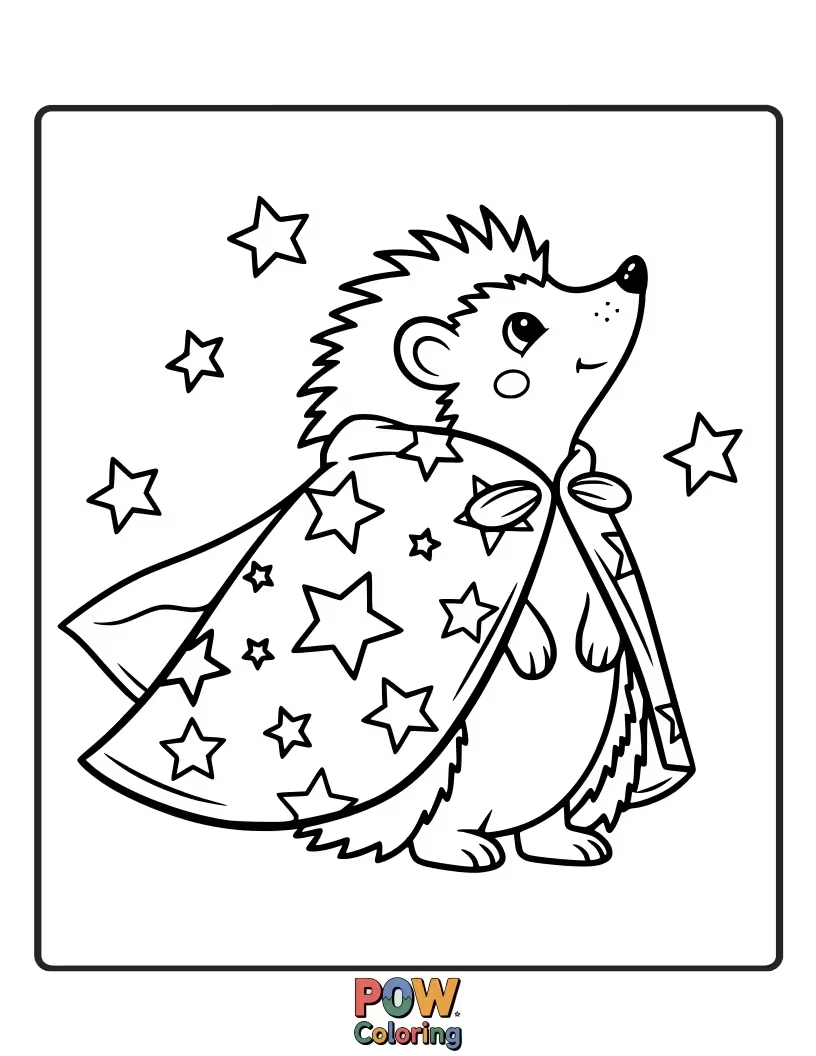 Free coloring page of A cute hedgehog is wearing a starry cloak spun by a wizard, twinkling like the night sky.