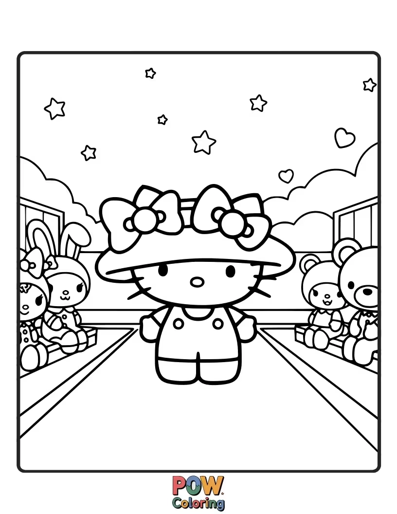 Free coloring page of Hello Kitty showcasing her stylish outfits on a miniature runway.