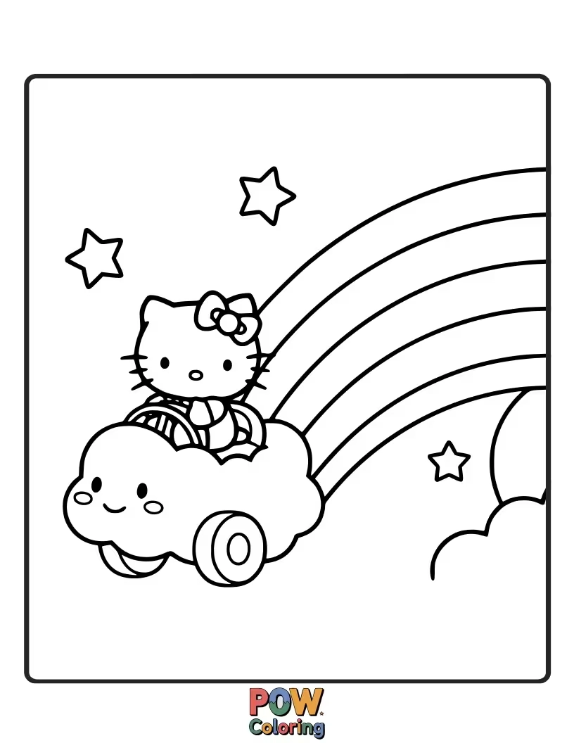 Free coloring page of Hello Kitty happily riding a bicycle across a vibrant rainbow.