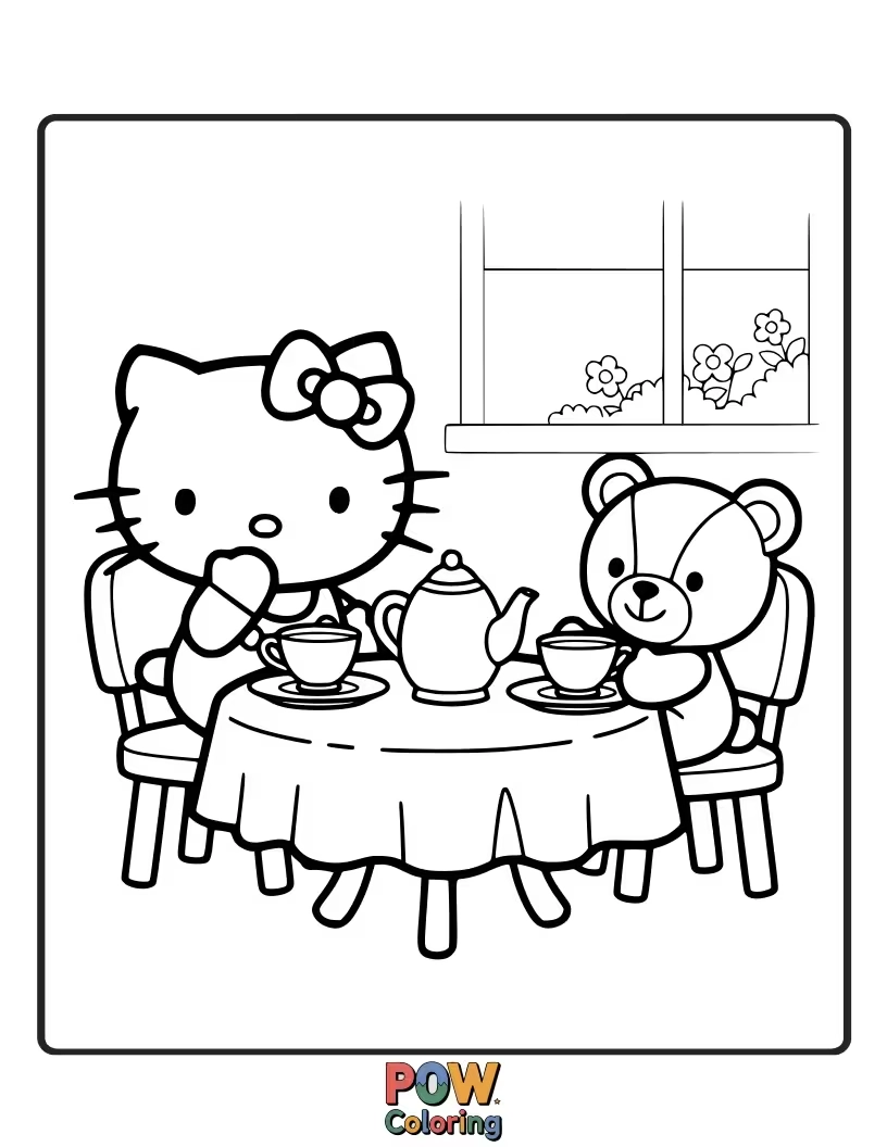 Free coloring page of Hello Kitty hosting a charming tea party with adorable teacups and cookies.