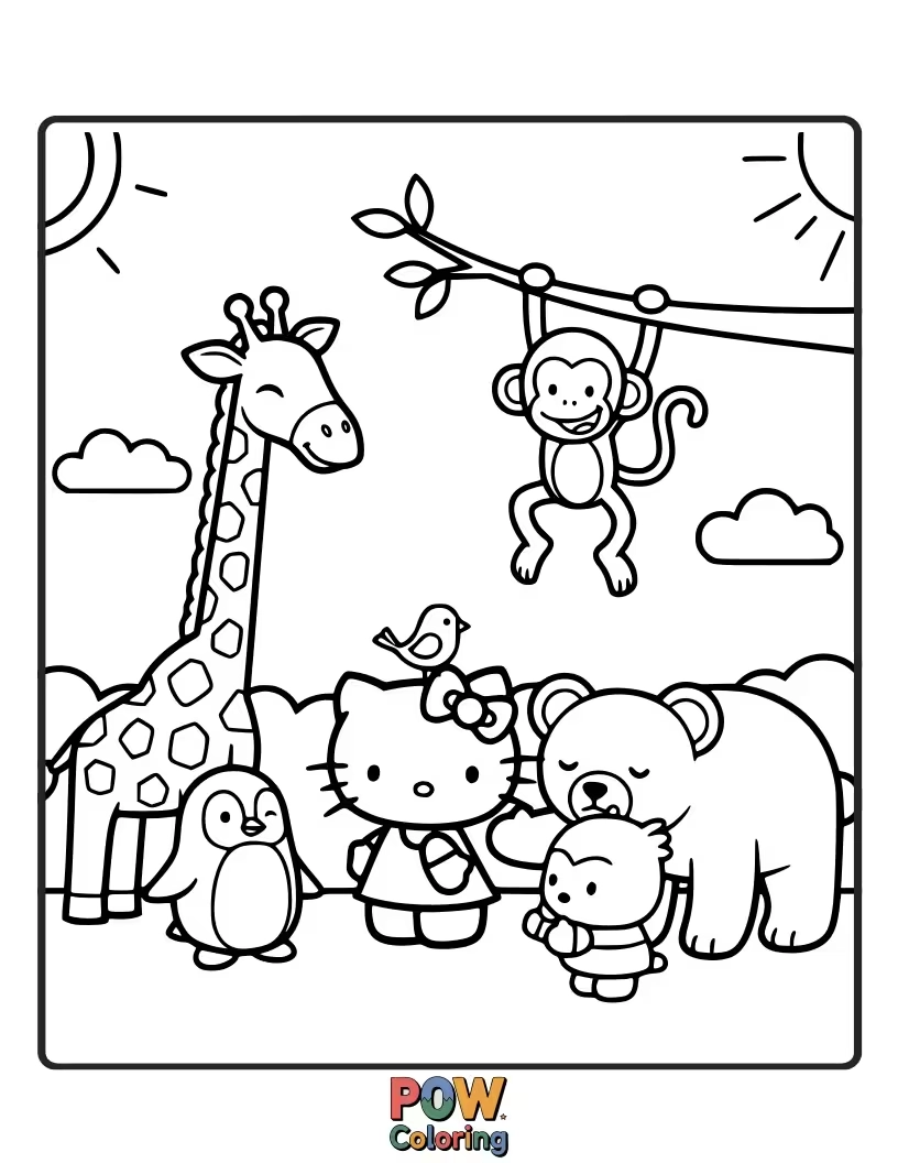 Free coloring page of Hello Kitty shares a joyful moment with a friendly bunny and a chirping bird in a peaceful meadow.