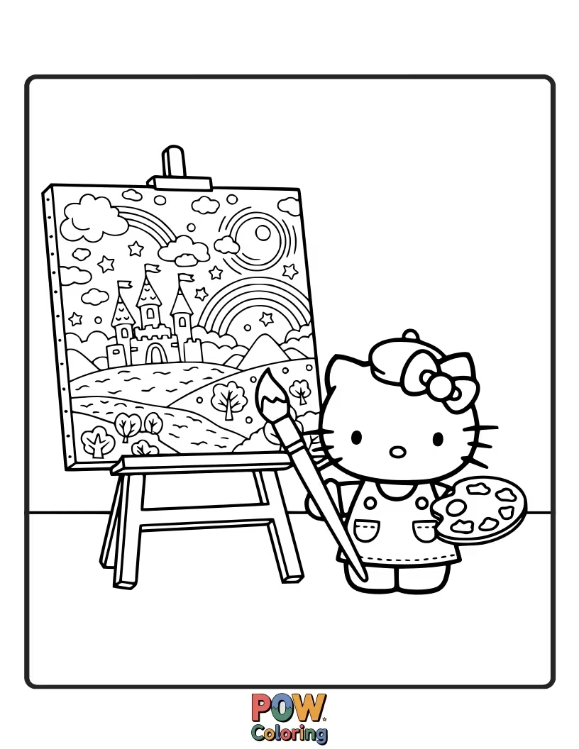 Free coloring page of Paintbrush in paw, Hello Kitty creates a vibrant, abstract artwork filled with colorful splatters and happy shapes.