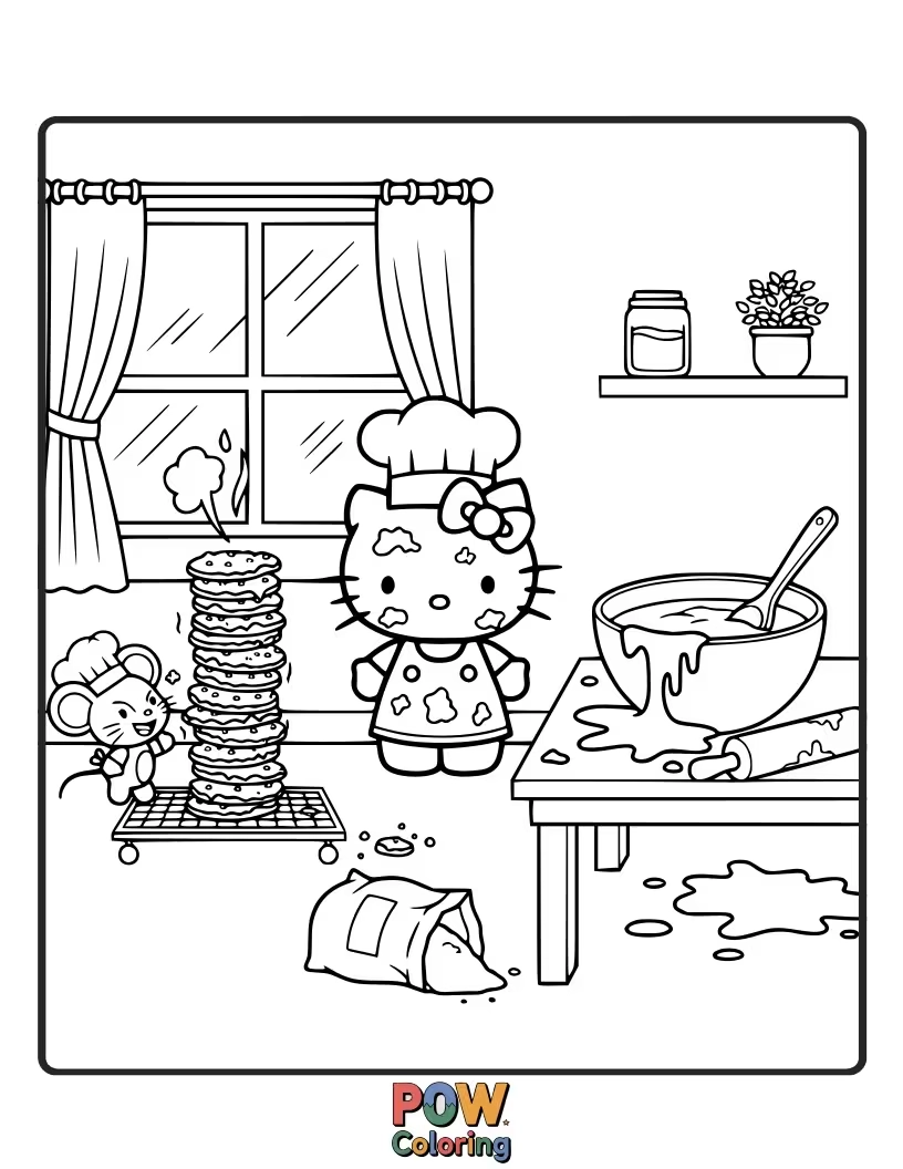 Free coloring page of Oops! Hello Kitty is covered in flour and sprinkles, but her freshly baked cookies are still looking delicious.
