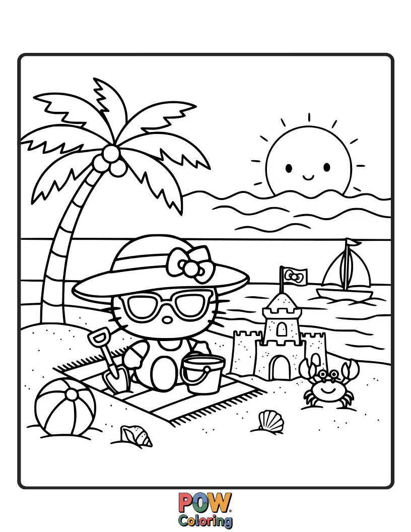 Free coloring page of Sunscreen on, Hello Kitty builds a magnificent sandcastle and enjoys the warm sun on a delightful beach.
