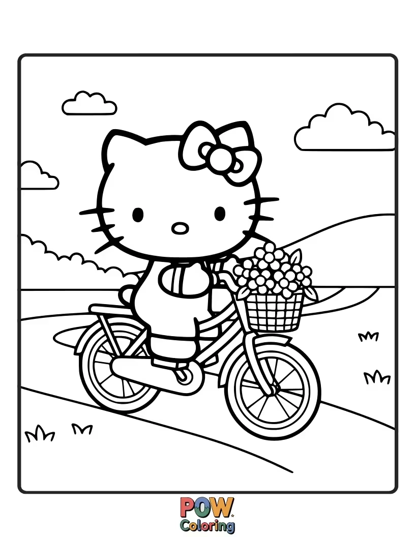 Free coloring page of Pedaling with determination, Hello Kitty rides her cute bicycle through a charming, picturesque countryside path.